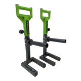 A pair of SHRUG PRO Freestanding Hex Bars Trap Bar Barbell Shrug Alternative (without rollers), in black and green with adjustable handles, ideal for hex bar exercises, shown on a white background.