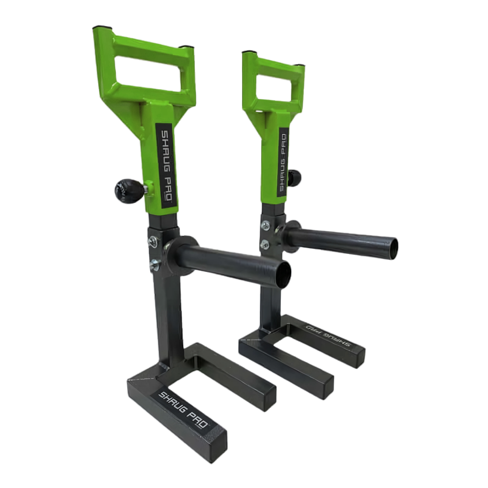 A pair of SHRUG PRO Freestanding Hex Bars Trap Bar Barbell Shrug Alternative (without rollers), in black and green with adjustable handles, ideal for hex bar exercises, shown on a white background.