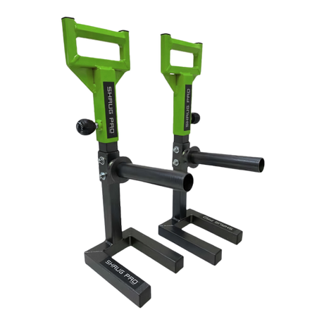 A pair of SHRUG PRO Freestanding Hex Bars Trap Bar Barbell Shrug Alternative (without rollers), in black and green with adjustable handles, ideal for hex bar exercises, shown on a white background.