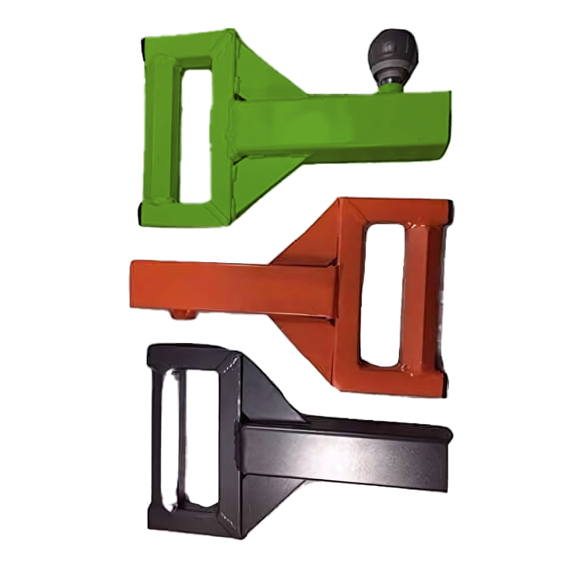 Three SHRUG PRO Freestanding Hex Bars Trap Bar Barbells without rollers in green, red, and black, arranged vertically—ideal for shrug farmers walk platforms with durable commercial steel construction.