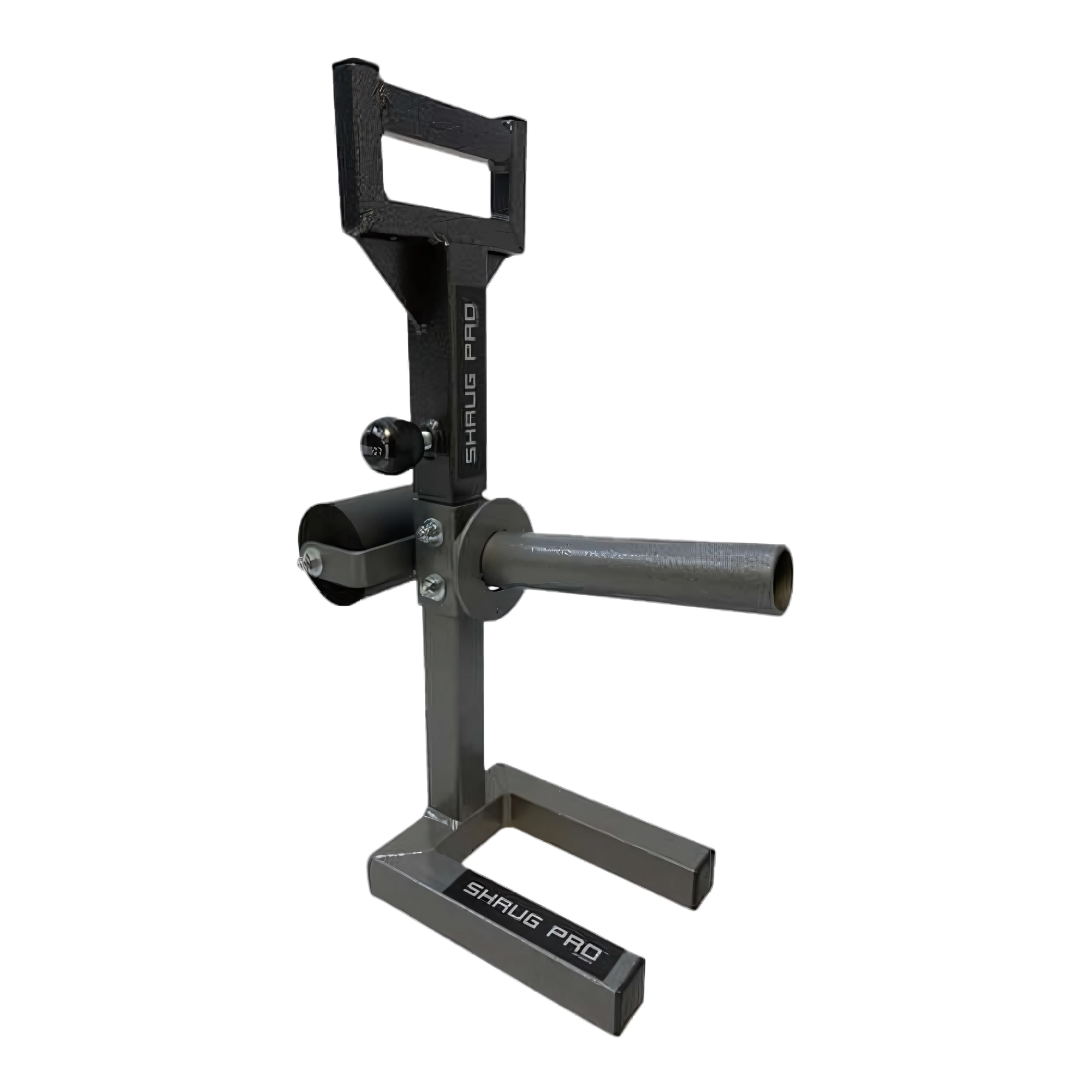 The SHRUG PRO Freestanding Hex Bars Trap Bar Barbell Shrug Alternative, without rollers, is a metal gym attachment with adjustable handles and a horizontal bar, providing versatile weightlifting options similar to a Hex Bar Trap.