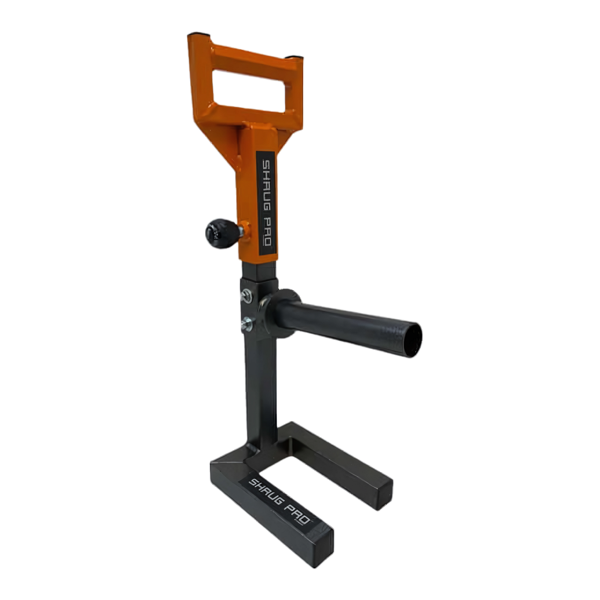 The SHRUG PRO Freestanding Hex Bars Trap Bar Barbell Shrug Alternative (Without Rollers) is a black and orange fitness platform with a handle, two parallel base supports, and Olympic Weight Plate compatibility.