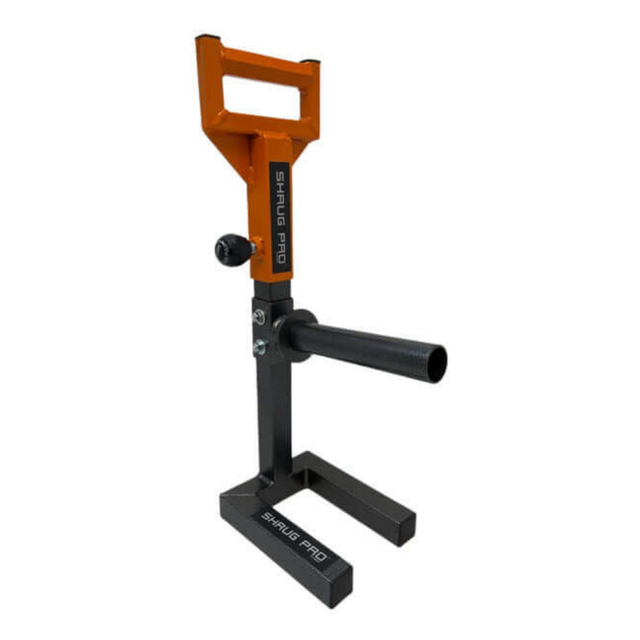 Orange and black 'SHRUG PRO' freestanding hex bars with handles, U-shaped base, and loading bar—your versatile trap bar alternative for exercise.