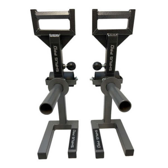 The 'SHRUG PRO' Freestanding Hex Bars offer sturdy metal bases, adjustable handles, and a versatile trap bar for enhanced workout efficiency.