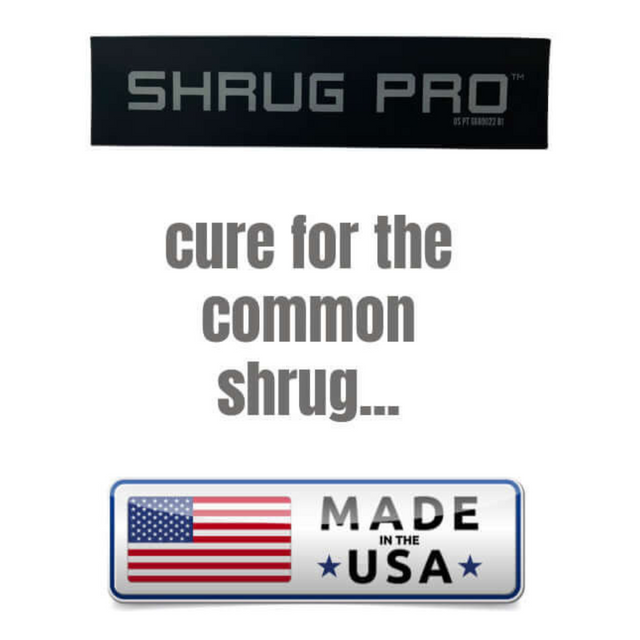 Logo reading "SHRUG PRO" and "cure for the common shrug..." above a "MADE IN THE USA" badge, inspired by the durable 'SHRUG PRO' Freestanding Hex Bars Trap Bar Barbell Shrug alternative!.