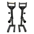 Two black metal 'SHRUG PRO' freestanding hex bars lay elegantly on a pristine white background, resembling a sleek hex bar.