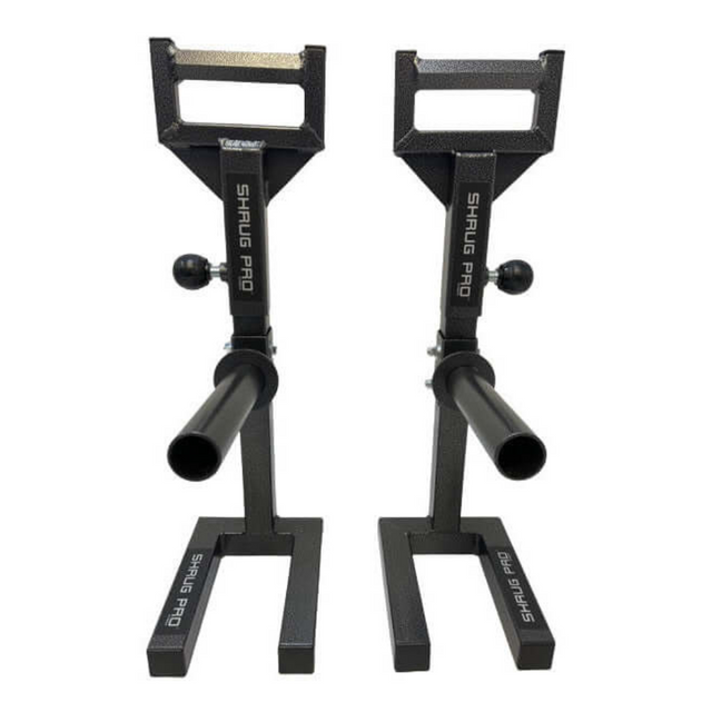 Two black metal 'SHRUG PRO' freestanding hex bars lay elegantly on a pristine white background, resembling a sleek hex bar.