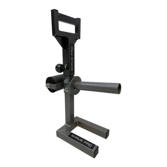 The 'SHRUG PRO' is a gray and black freestanding hex bar trap bar alternative, featuring a sturdy base and upright handle for enhanced versatility.