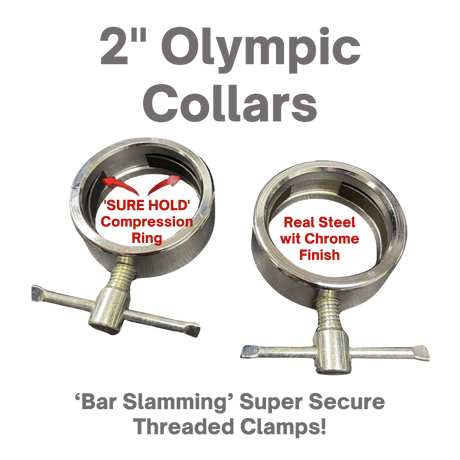 Pair of STEEL 2" Olympic Barbell Collars featuring threaded clamps, secure Compression Ring, and durable solid steel construction.