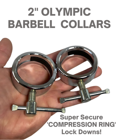 A hand holds two STEEL 2" Olympic Barbell Collars featuring shiny, solid steel construction and compression ring lock downs.