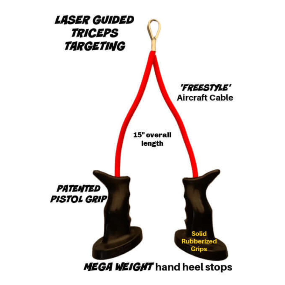 Introducing the "TACTI-TRICEPS Double Long Head Tricep Attachment Gym Handles": This ergonomic equipment features AR rifle-style grips and a red cable, expertly crafted for laser-guided triceps targeting, ideal for precision-driven exercises.