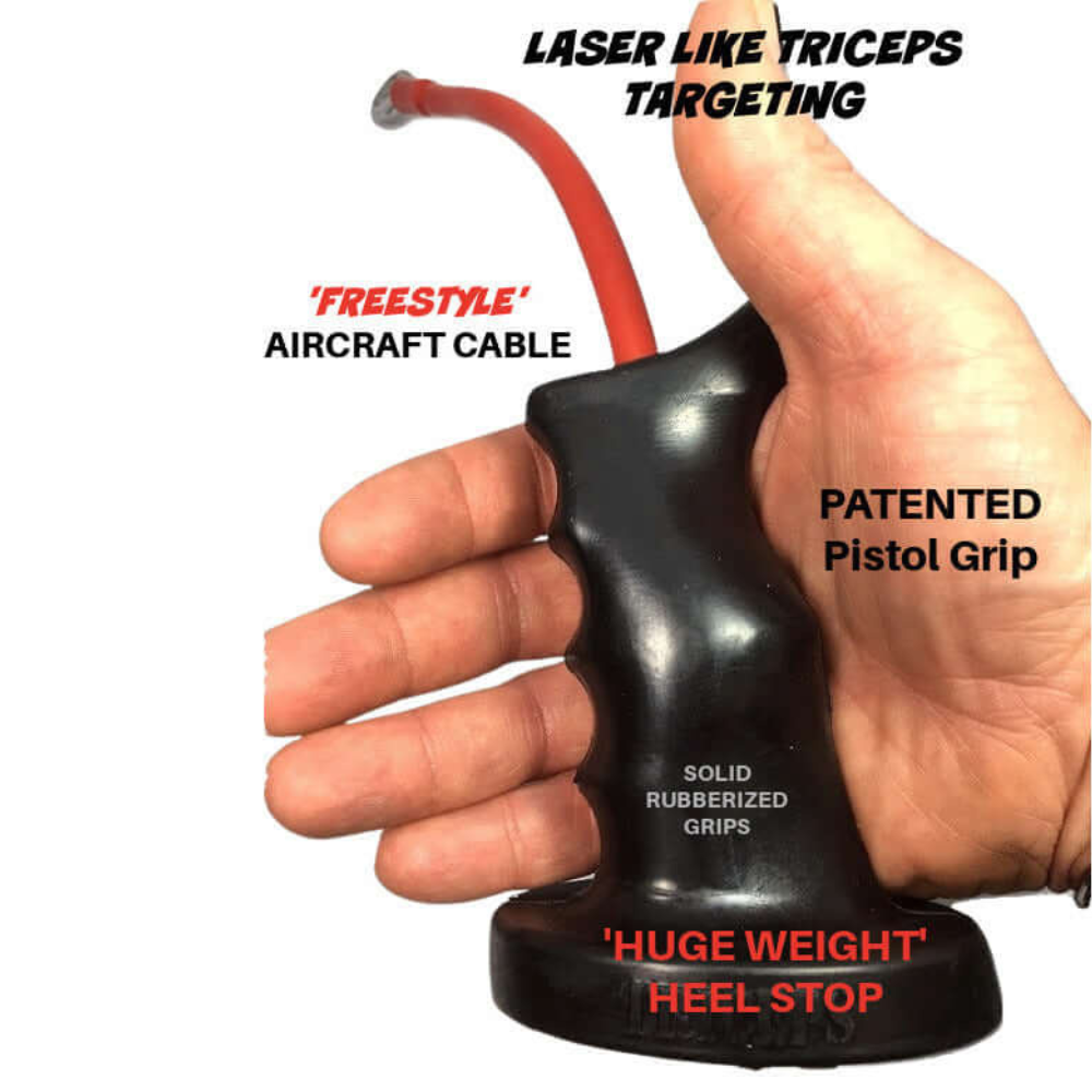 A hand grips the TACTI-TRICEPS Double Long Head Tricep attachment gym handles, a patented workout device with a pistol grip and aircraft cable, ideal for tricep exercises.