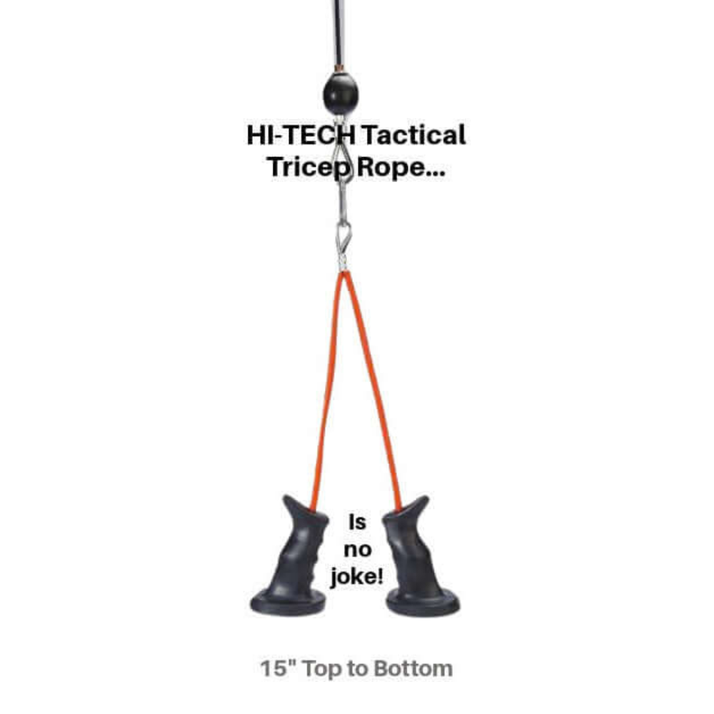 An orange tricep rope with black handles labeled "HI-TECH Tactical Tricep Rope... Is no joke!" is perfect for TACTI-TRICEPS Double Long Head Tricep attachment gym handles workouts.