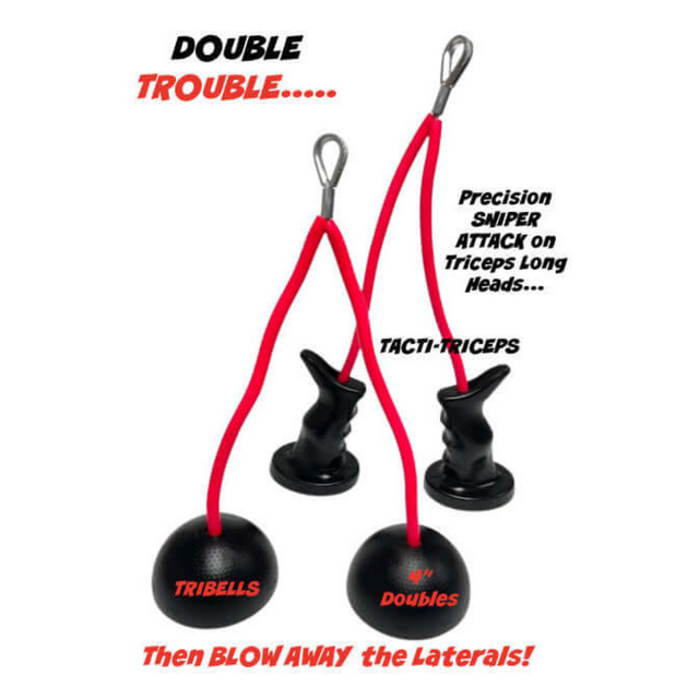The TACTI-TRICEPS Double Long Head Tricep attachment features ergonomic AR rifle grips with red cables and black handles, labeled "Tribells" and "Doubles," making it perfect for optimizing triceps exercises.