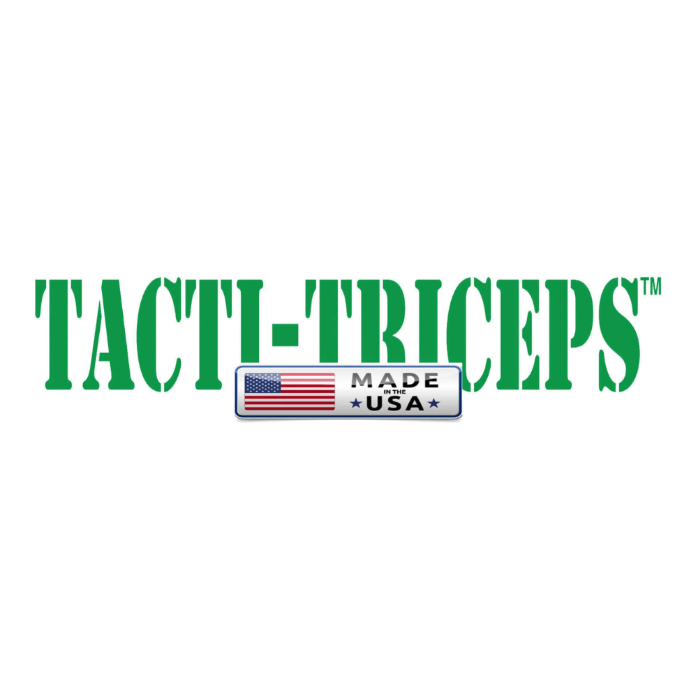 The TACTI-TRICEPS Double Long Head Tricep attachment gym handles feature a green logo and a "Made in USA" tag with a small American flag, highlighting the brand's commitment to quality and innovation, akin to their advanced ergonomic AR rifle grips for top-notch performance.