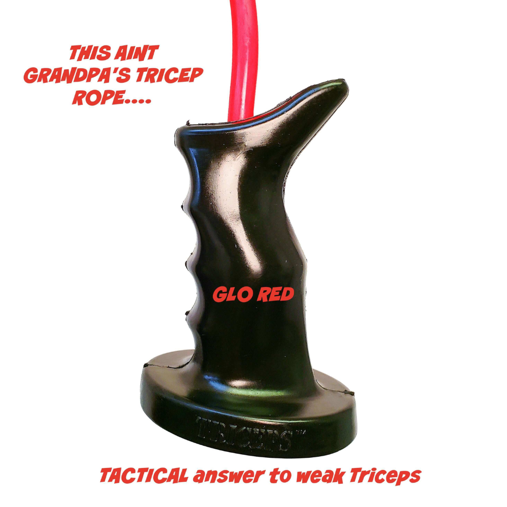 Introducing the "TACTI-TRICEPS Double Long Head" attachment, perfect for tricep exercises with its ergonomic black grip and red design, ensuring tactical comfort and optimal performance.
