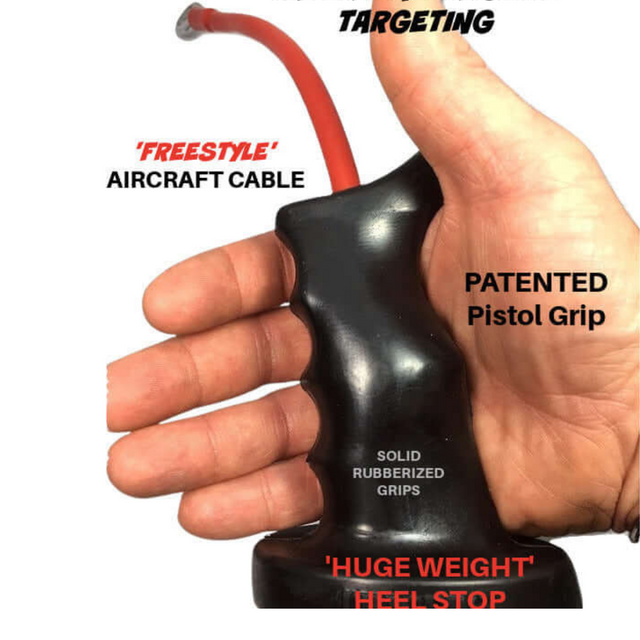 Close-up of a hand holding the TACTI - TRICEPS 'Single' Tricep Attachment, a black grip for cable resistance training with features like specialized grip type and weight stop.