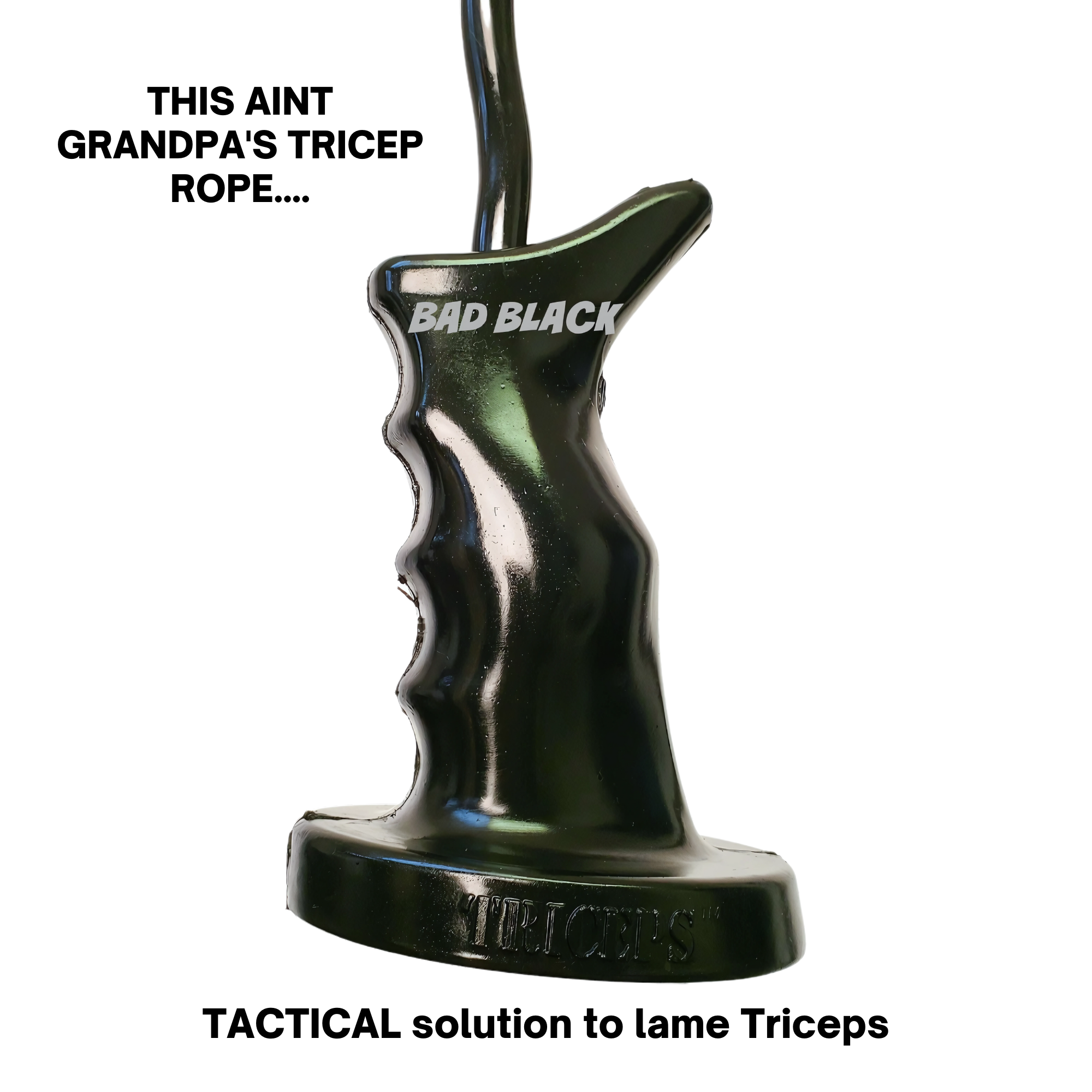 The TACTI - TRICEPS 'Single' Tricep Attachment for Cable Machine features a black ergonomic handle with "BAD BLACK" text, a Tactical Grip for better control, and "TRI JOBS" engraved at the base.