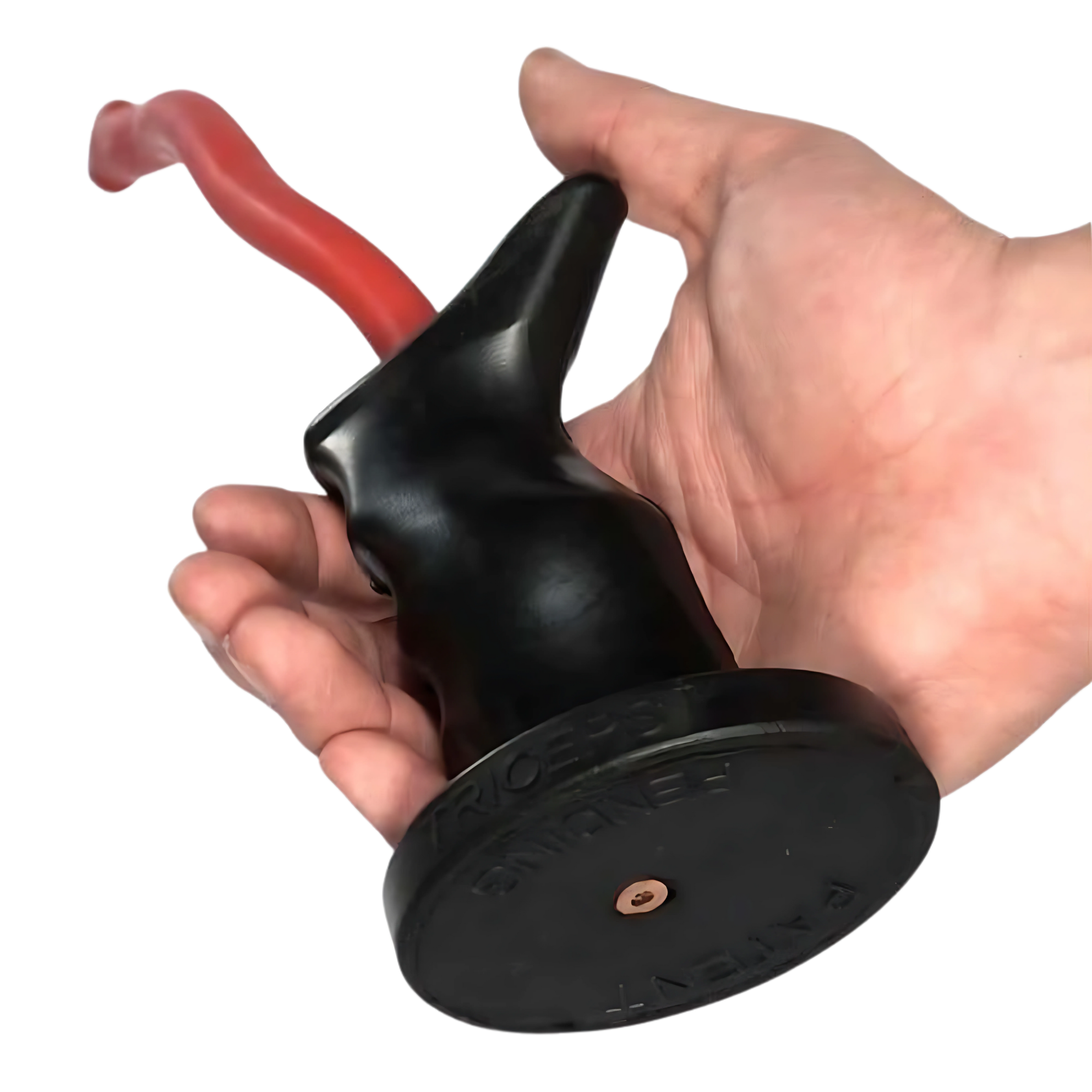 A hand holding the TACTI - TRICEPS 'Single' Tricep Attachment for Cable Machine, shown in black with a red handle and a tactical grip for enhanced control.