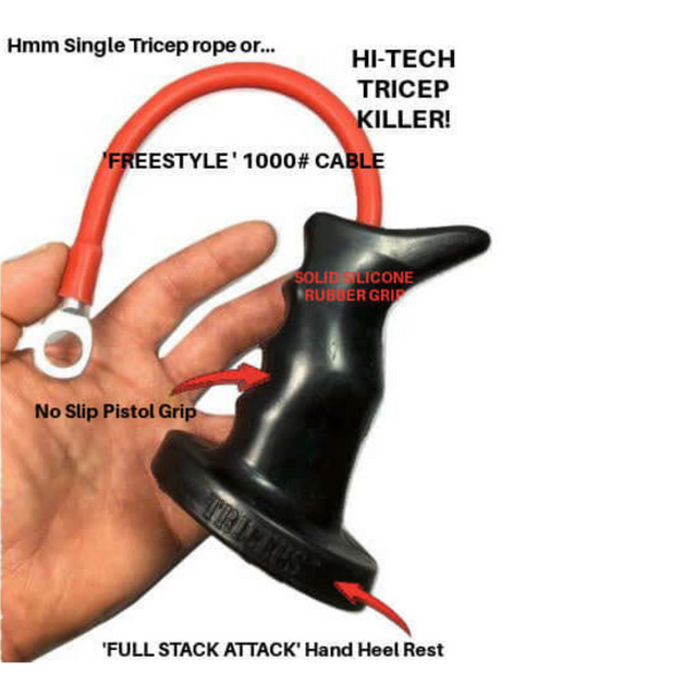 A hand grips a red cable with a black ergonomic handle, featuring the label "TACTI - TRICEPS 'Single' Tricep Attachment for Cable Machine," designed for precise triceps targeting.