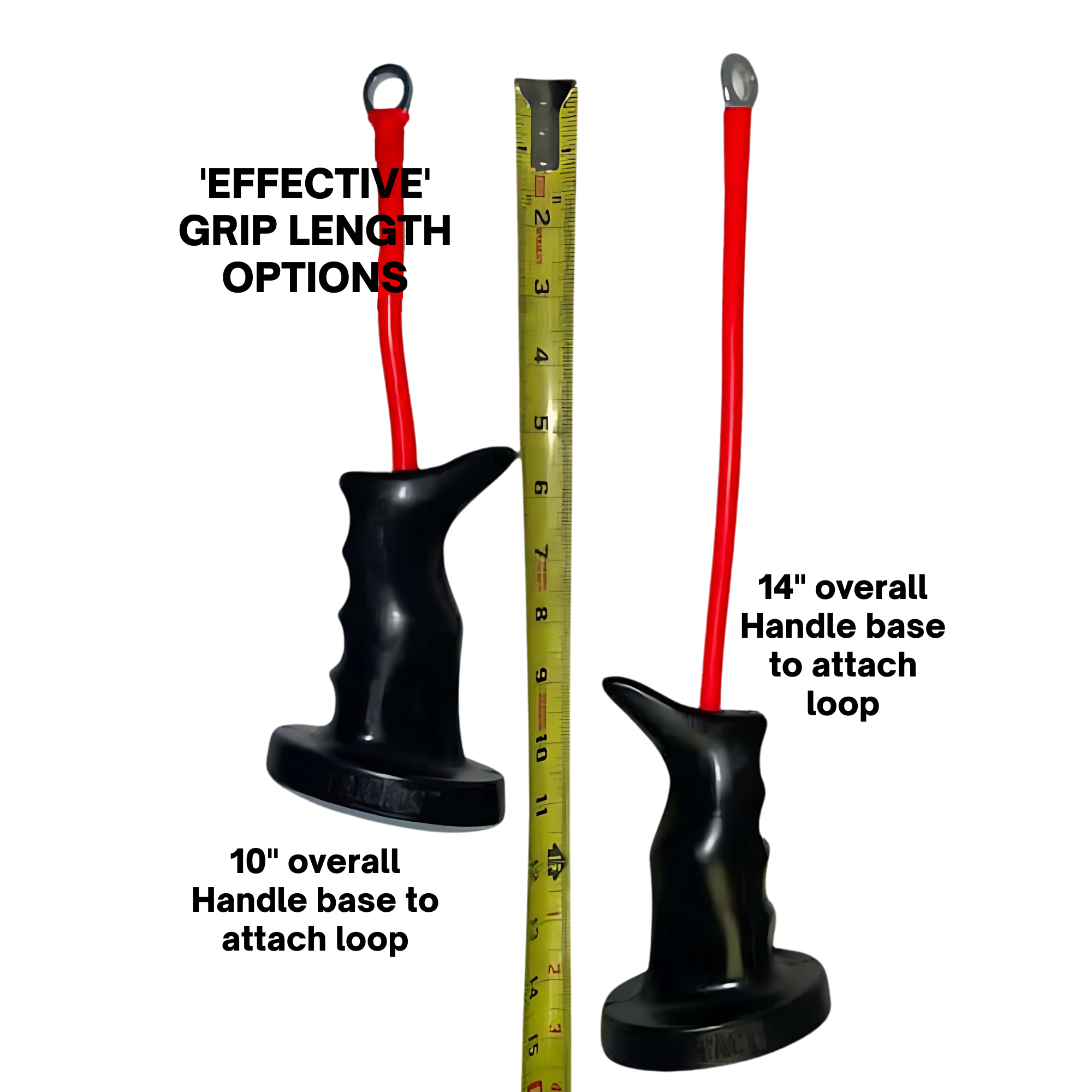 The TACTI - TRICEPS 'Single' Tricep Attachment for Cable Machine features two black ergonomic handles with tactical grips and red cords, shown next to a centimeter measuring tape.