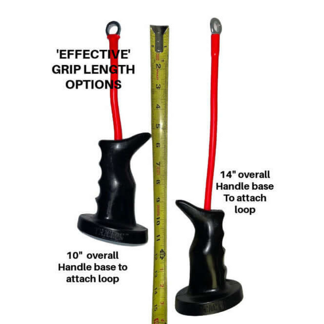 The TACTI - TRICEPS 'Single' Tricep Attachment features two black grip handles with red loops, measuring 10" and 14", specifically designed for targeting triceps. Shown next to a measuring tape, they are ideal for cable resistance equipment.