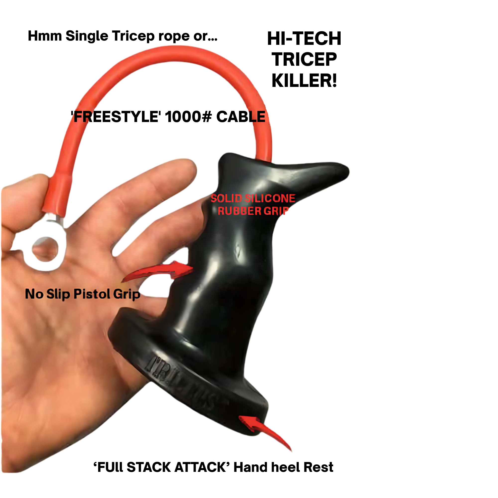 Hand holding the TACTI - TRICEPS 'Single' Tricep Attachment for Cable Machine, a black tool with a red band, featuring a tactical grip and durable material for optimal cable resistance.