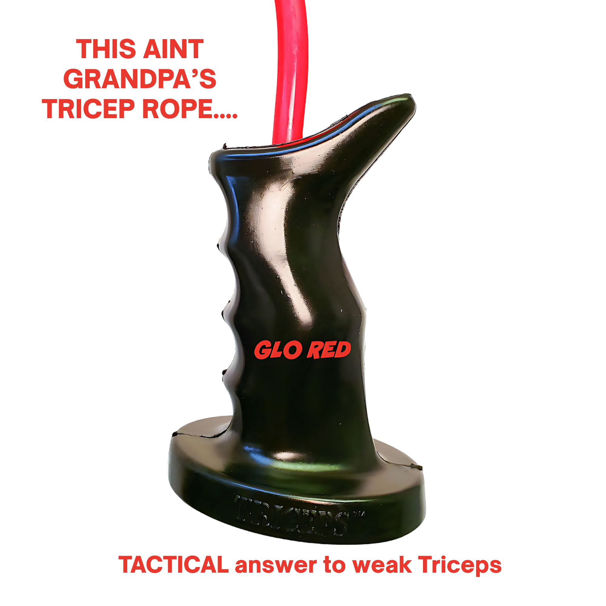 The TACTI - TRICEPS 'Single' Tricep Attachment for Cable Machine is a black ergonomic handle with red text and a red top cable, designed to optimize triceps targeting and enhance resistance during workouts.