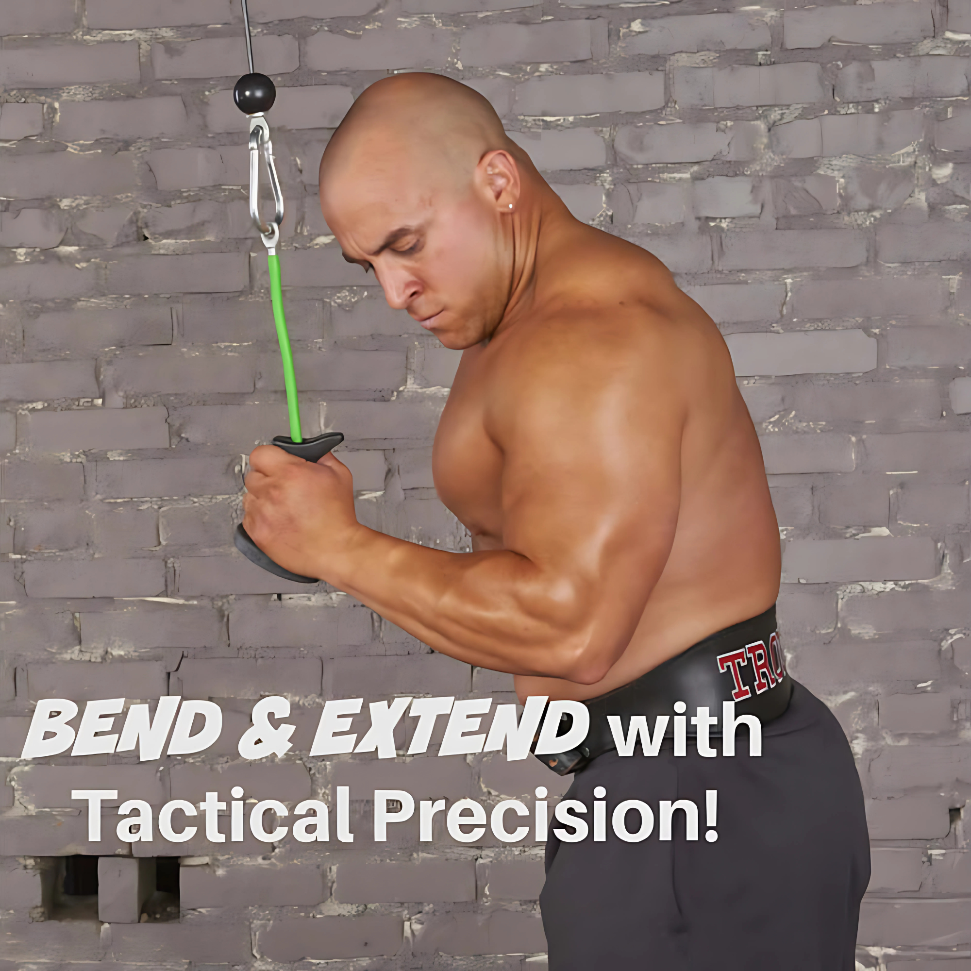 Muscular man using TACTI - TRICEPS 'Single' Tricep Attachment for a cable triceps workout; text reads: "BEND & EXTEND with Triceps Targeting and Tactical Precision!.