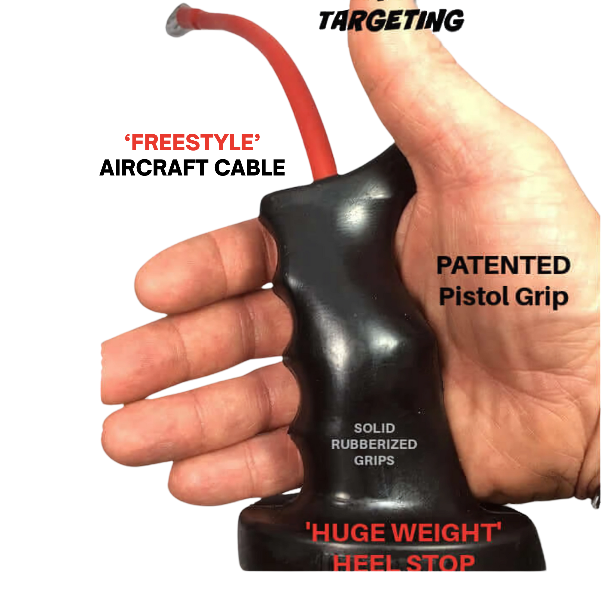 A hand holds the TACTI - TRICEPS 'Single' Tricep Attachment for Cable Machine, featuring a black pistol-grip handle, Tactical Grip, red feature labels, and a red flexible tube for targeted triceps workouts.