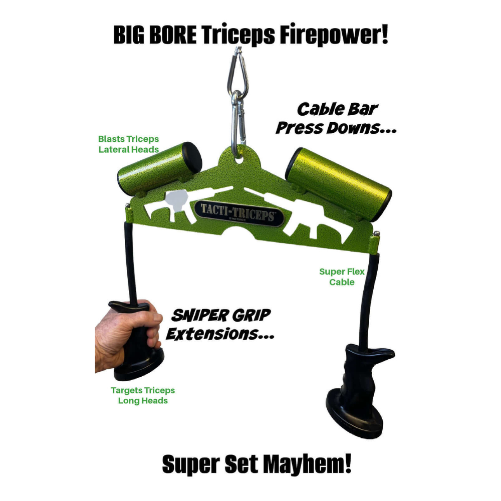 Green triceps exercise tool with handles, labeled "TACTI – TRICEPS Double Wide 'Super Set' Tricep Attachment Yoke," expertly made from commercial-grade materials to enhance your tricep workouts.