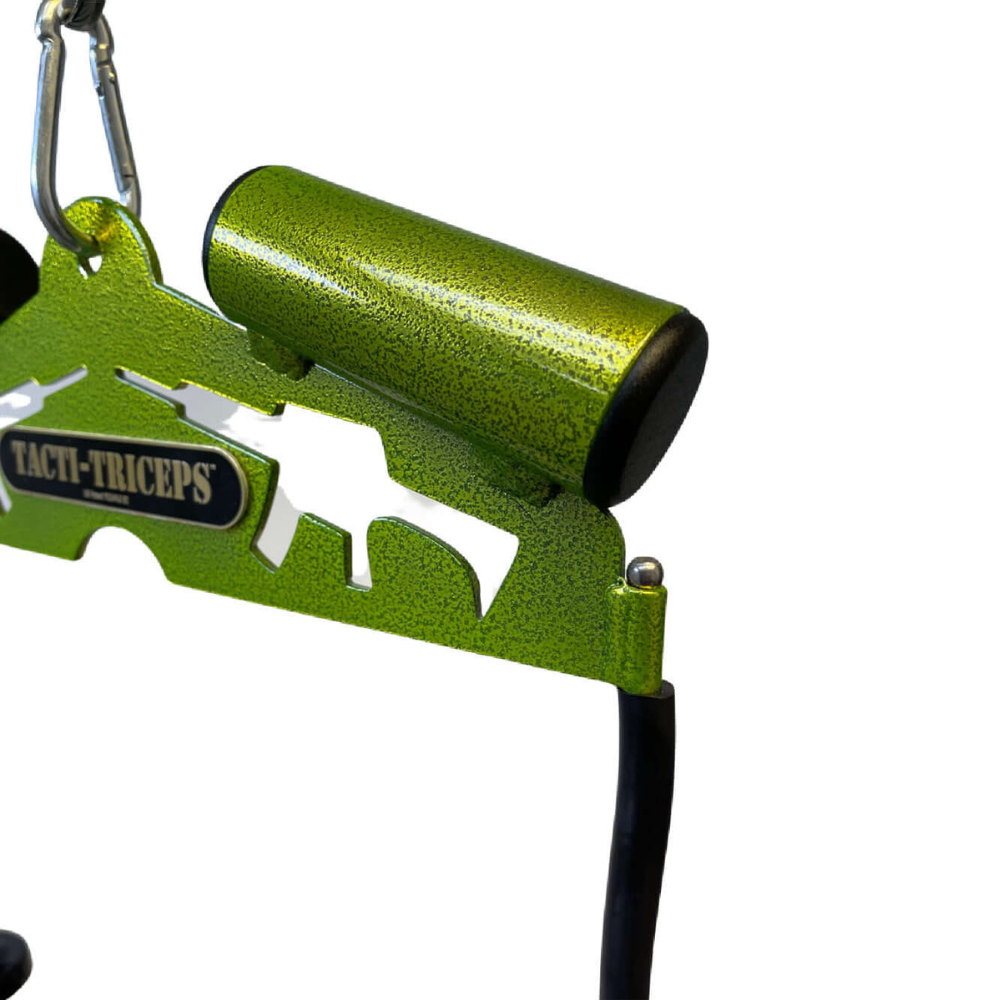The TACTI – TRICEPS Double Wide 'Super Set' Yoke features a black grip and attaches to a metal clip, designed for triceps targeting on cable machines. Made from commercial-grade materials, it ensures durability and superior performance.