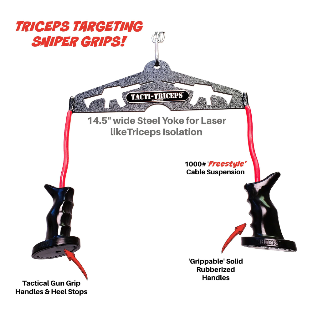 The TACTI – TRICEPS Double Wide 'Super Set' Tricep Attachment Yoke features commercial-grade materials and tactical grips for targeted muscle isolation with cable machine exercises.