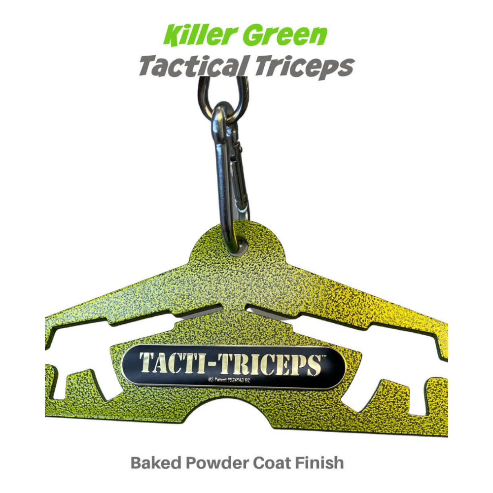 The TACTI – TRICEPS Double Wide 'Super Set' Tricep Attachment Yoke is a green carabiner-crafted tool made from commercial-grade materials with baked powder coat text. Ideal for triceps targeting on cable machines.