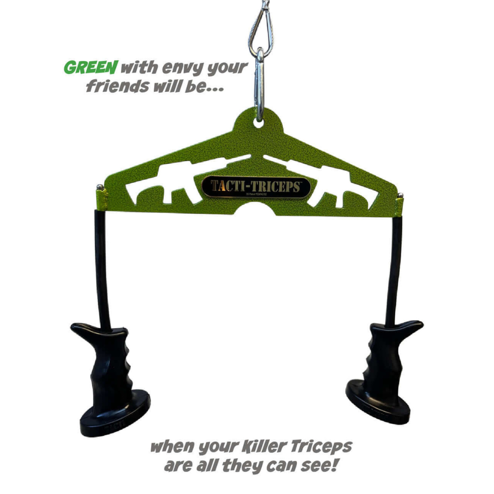 The TACTI – TRICEPS Double Wide 'Super Set' Tricep Attachment Yoke is a green, commercial-grade tricep gym attachment with black handles, designed for efficient triceps targeting on cable machines.