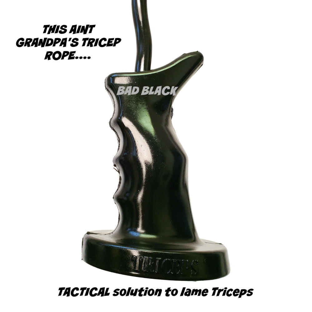 The TACTI – TRICEPS Double Wide 'Super Set' Tricep Attachment Yoke, featuring an ergonomic black handle, is engineered with commercial-grade materials for targeted tricep exercises on cable machines. Text reads: "This ain't Grandpa's Tricep Rope... Bad Black.