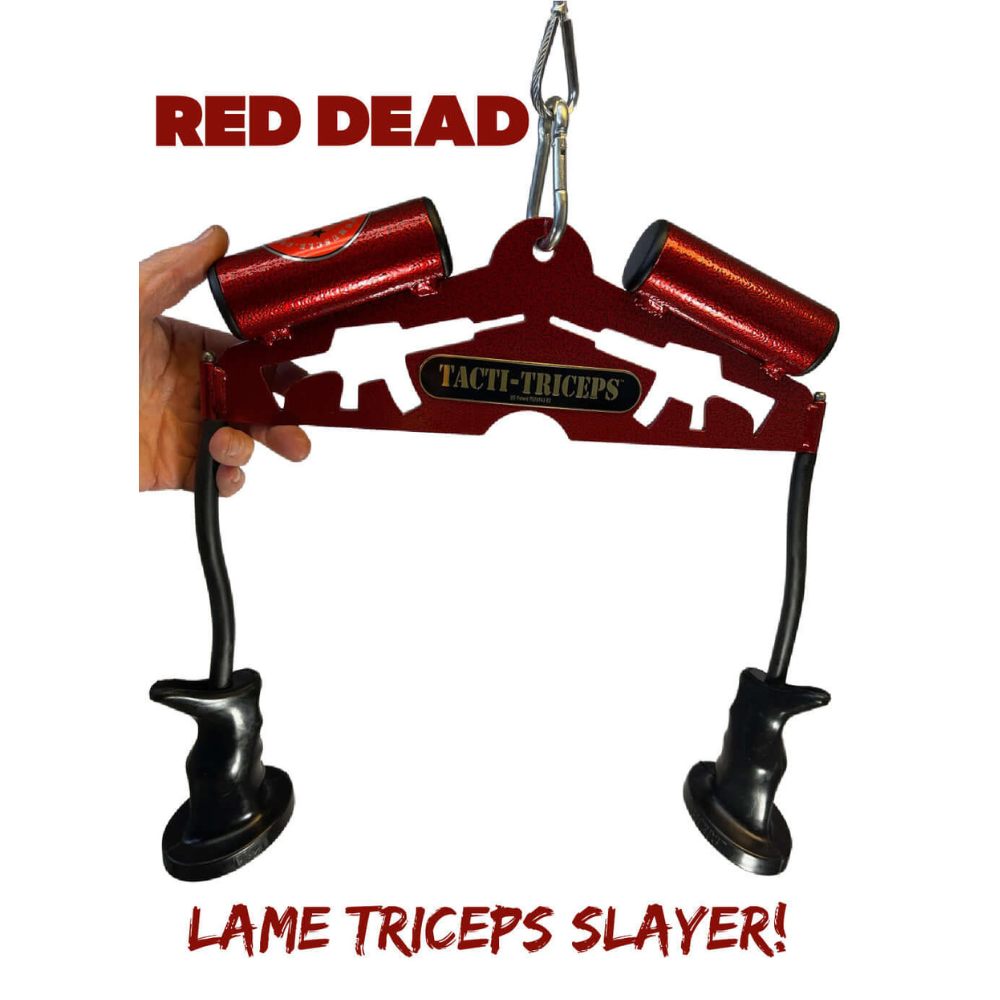 A hand holds a red tricep workout bar called "TACTI–TRICEPS Double Wide 'Super Set' Attachment Yoke," made from commercial-grade materials and ideal for cable machine exercises, under the text "Red Dead Lame Triceps Slayer!.