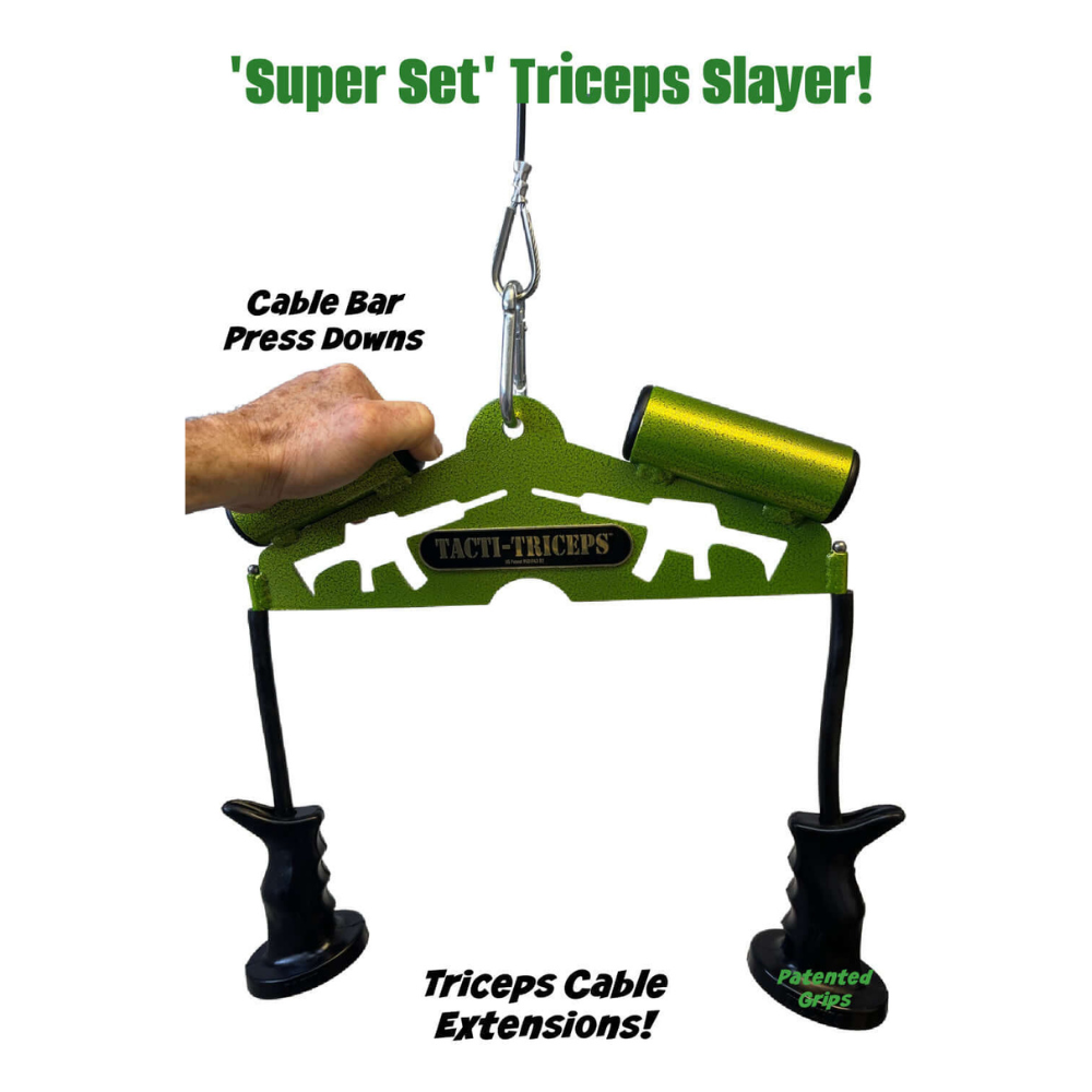 The TACTI – TRICEPS Double Wide 'Super Set' Tricep Attachment Yoke is a green commercial-grade triceps workout tool with handles, text labels, and a bar for gripping.