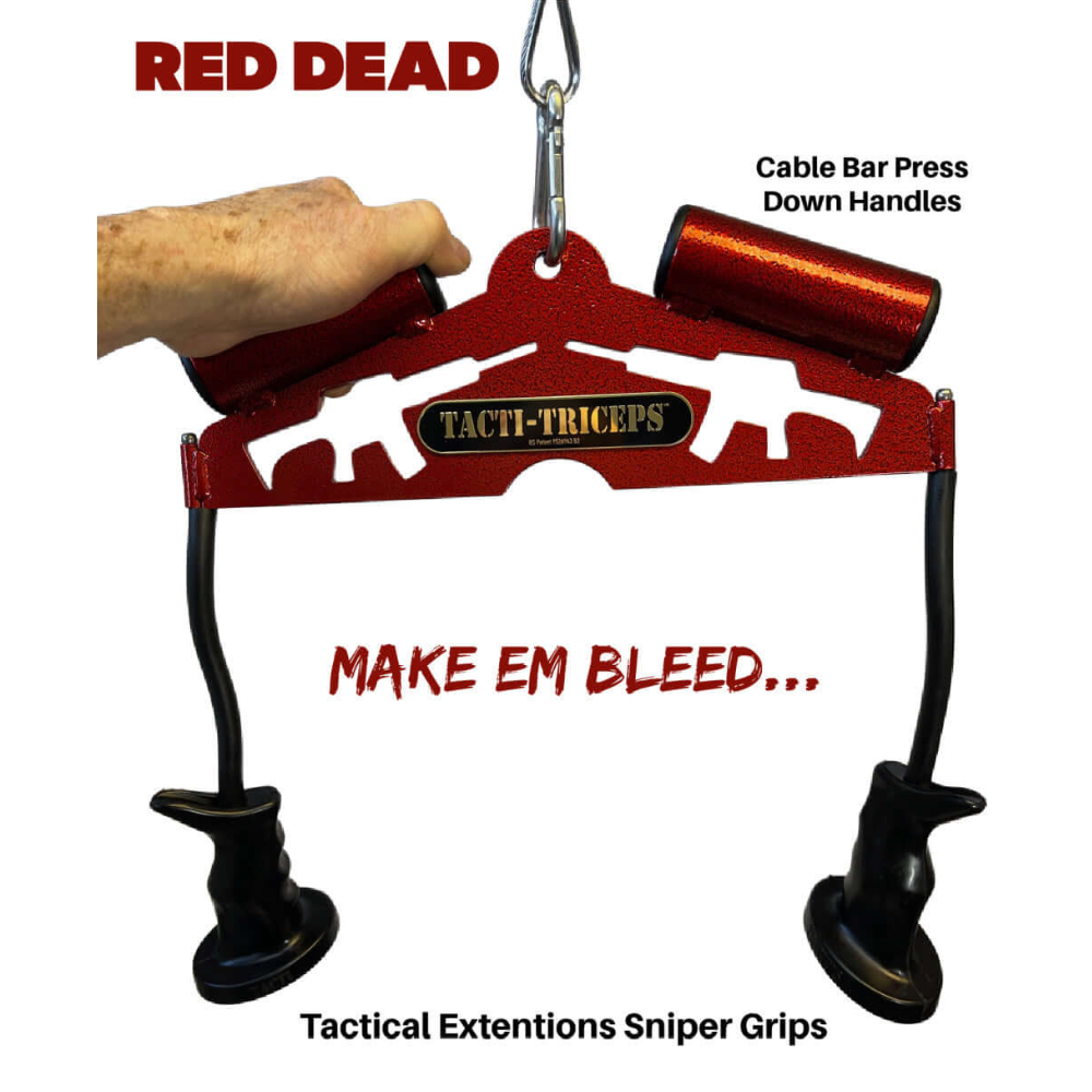 The TACTI–TRICEPS Double Wide 'Super Set' Tricep Attachment Yoke is designed in red with tactical elements and phrases like "Make em bleed," and "Red Dead." Made from commercial-grade materials, it's ideal for precise tricep targeting on cable machines for serious lifters.