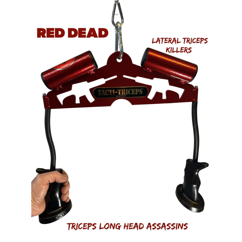 The TACTI – TRICEPS Double Wide 'Super Set' Tricep Attachment Yoke is a red weightlifting tool with handles, made from commercial-grade materials. Perfect for cable machines, it's expertly crafted to target lateral and long head triceps efficiently.