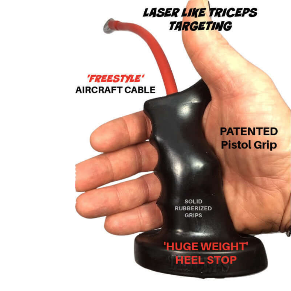 A hand holds the TACTI – TRICEPS Double Wide 'Super Set' Tricep Attachment Yoke, featuring a black ergonomic pistol grip, red cable, and crafted from commercial grade materials for cable machine exercises.