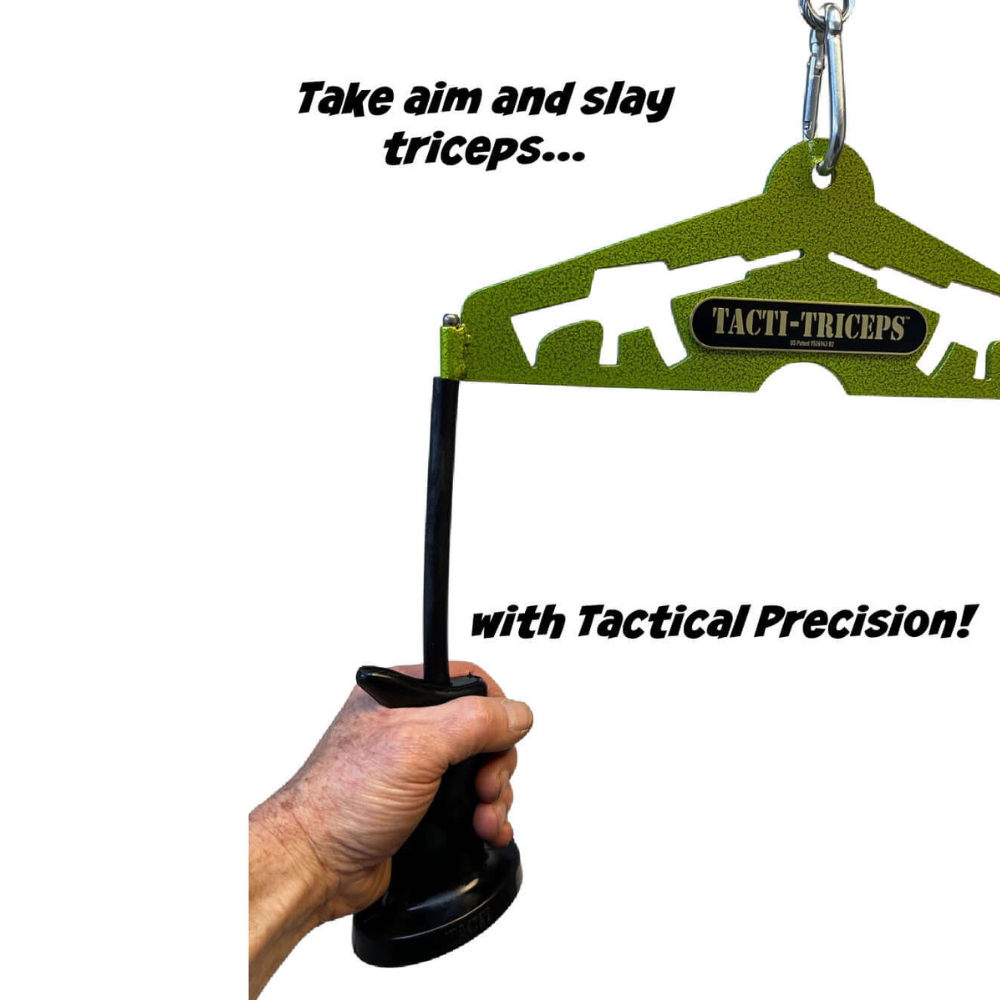 A hand grips a "TACTI – TRICEPS Double Wide 'Super Set' Tricep Attachment Yoke" for precise cable exercises, featuring commercial-grade materials and "Take aim and slay triceps" in black text.