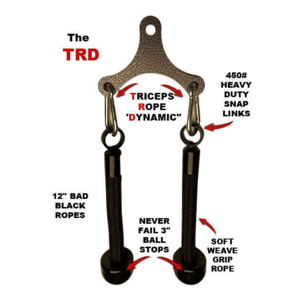 Introducing the TRD 'Dynamic Action' Yoke Triceps Attachment Gym Handles, equipped with a triceps rope featuring heavy-duty snap links, ball stops, and soft weave grip. Enhance your workout with these durable and versatile cable machine attachments for ultimate performance.