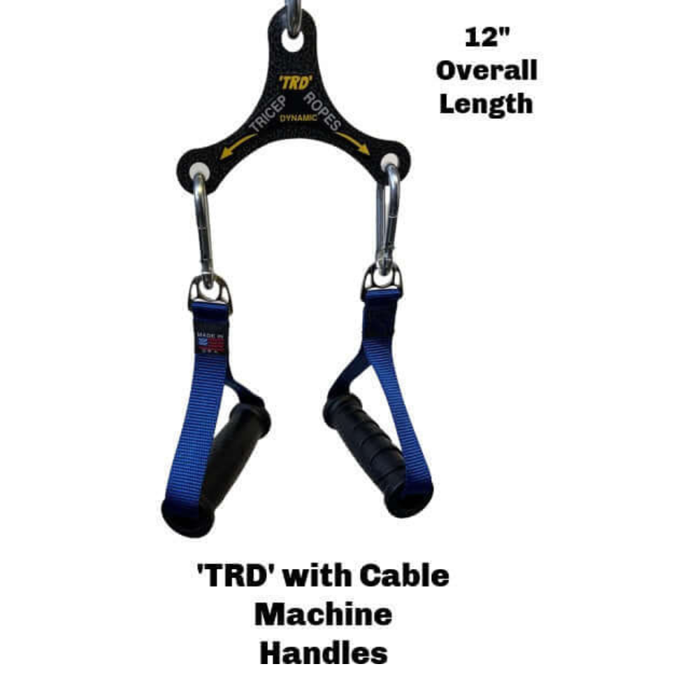The TRD 'Dynamic Action' Yoke Triceps Attachment features black and blue PULL FORCE handles for improved grip on cable machines. This essential upper body workout tool is displayed against a white background.