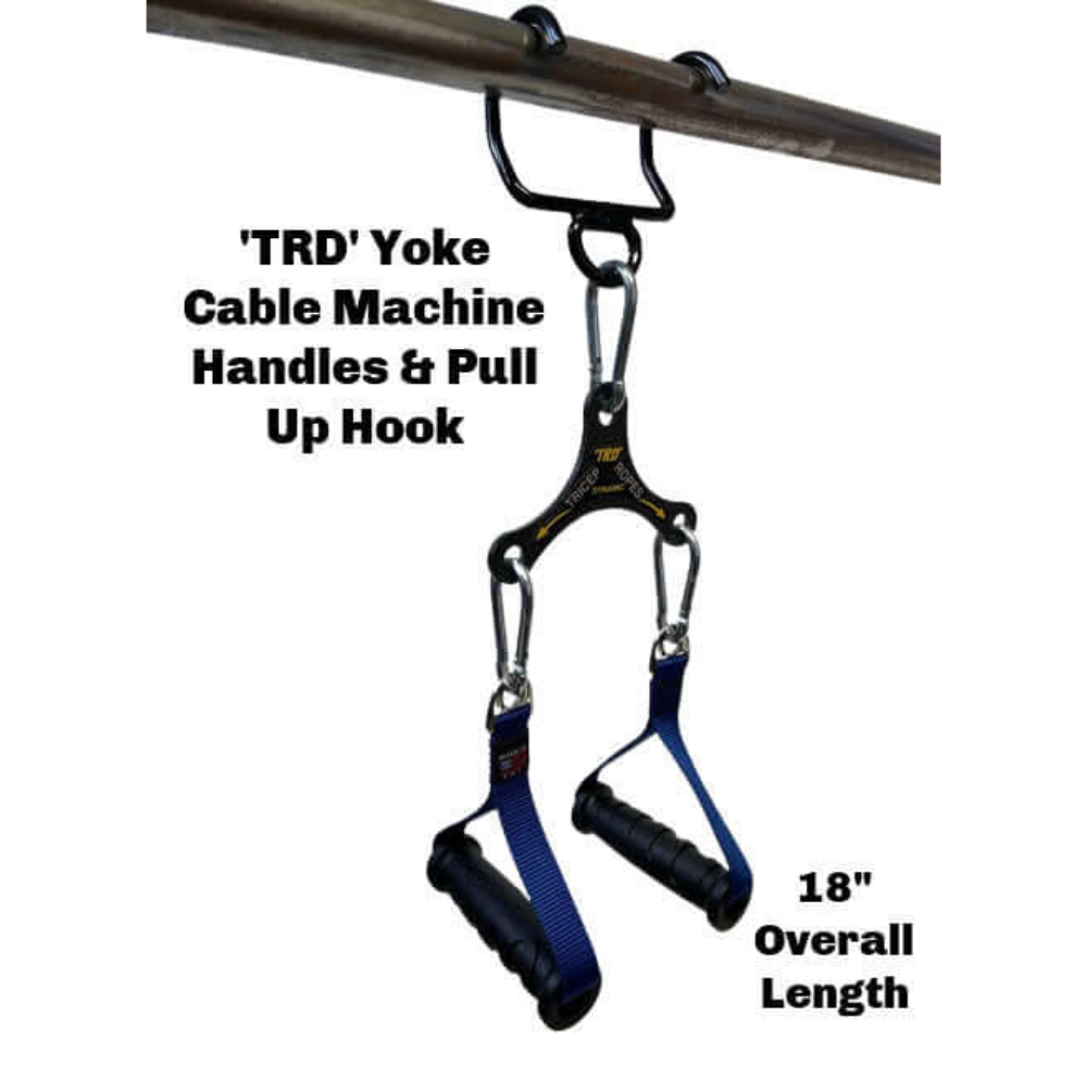 The TRD 'Dynamic Action' Yoke Triceps Attachment Gym Handles feature cable machine attachments with PULL FORCE handles on an 18-inch metal bar, perfect for enhancing strength training.