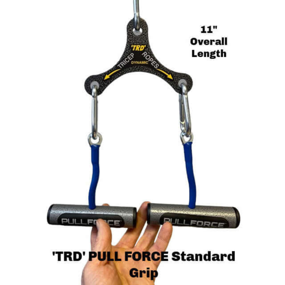 Hand holding a TRD 'Dynamic Action' Yoke Triceps Attachment Gym Handle with blue 11" handles. Perfect for integrating with other PULL FORCE grips or the TRD Dynamic Action Yoke for versatile workouts.