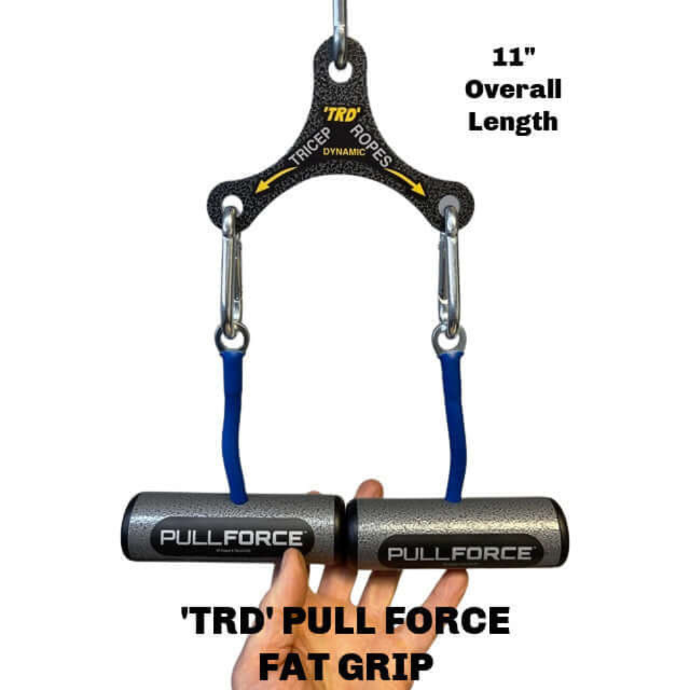 Hand holding a TRD 'Dynamic Action' Yoke Triceps Attachment Gym Handles with black handles and blue straps—an essential cable machine attachment designed for powerful pull force grips.