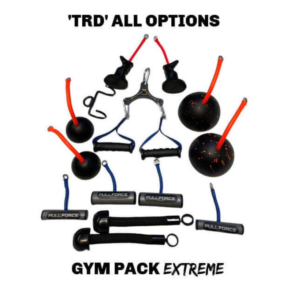 The TRD 'Dynamic Action' Yoke Triceps Attachment Gym Handles are showcased on a white background, labeled "GYM PACK EXTREME".
