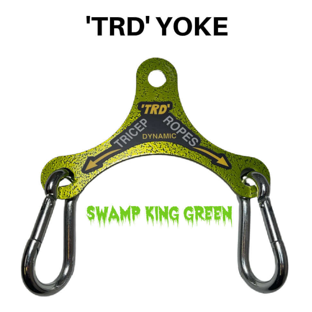 The TRD 'Dynamic Action' Yoke Triceps Attachment Gym Handles in "Swamp King Green" come with two carabiners, perfect for cable machines and yoke-style tricep workouts to maximize pull force.