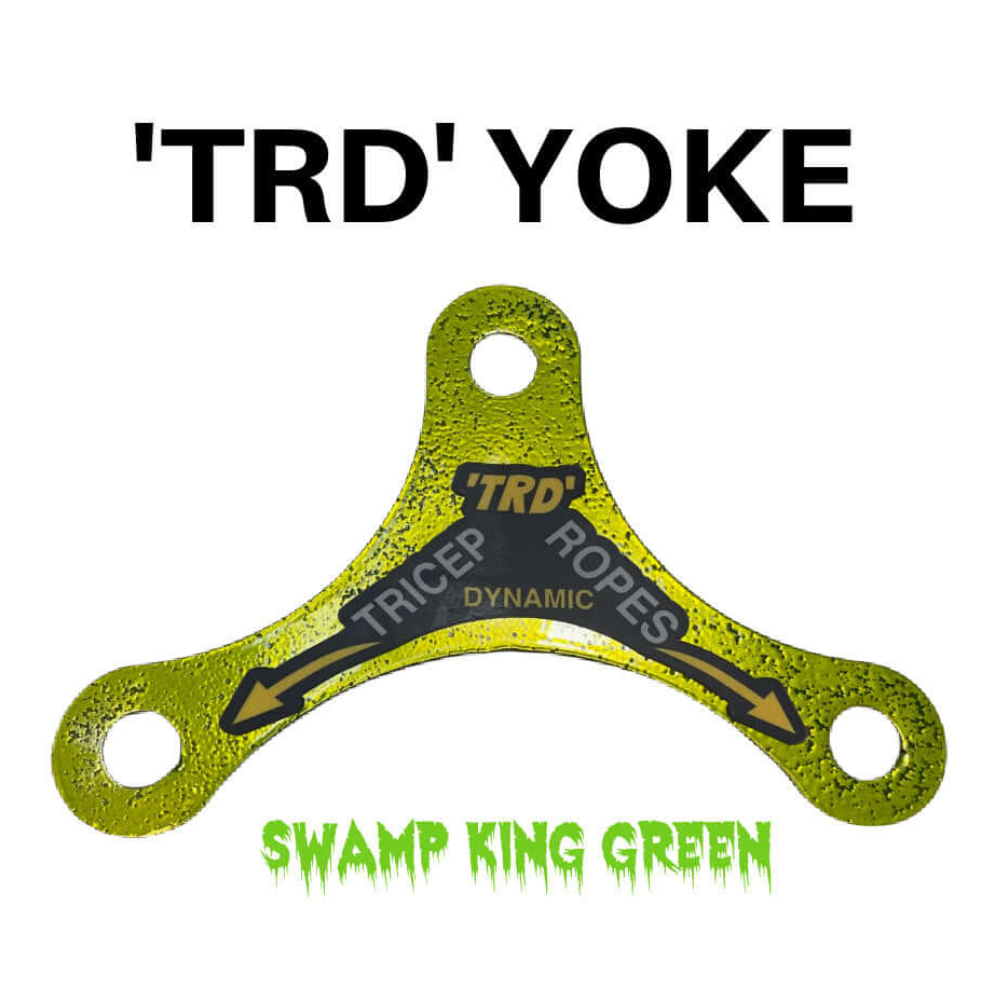 Glossy green metal yoke with “TRD Yoke” and “Swamp King Green” text, featuring the PULL FORCE handles for superior grip. Ideal for versatile use as a cable machine attachment with the TRD 'Dynamic Action' Yoke Triceps Attachment Gym Handles.